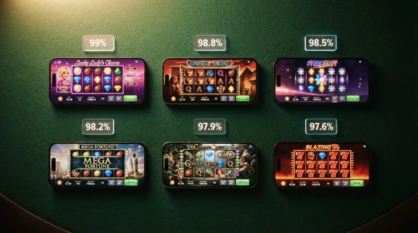 Una selezione di schermate di slot machine ad alto RTP allineate in una griglia, con le percentuali in evidenza sopra ciascuna