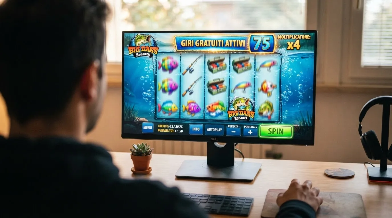 La schermata di gioco di una slot online in stile pesca/sommergibile con rulli visibili, moltiplicatori e giri gratuiti attivi, interfaccia in italiano