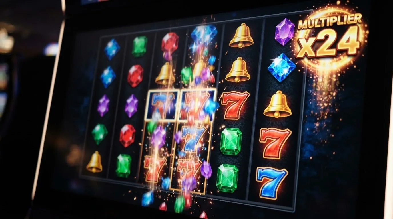 Rulli di una slot Megaways Big Time Gaming durante una cascata di simboli vincenti con il contatore dei moltiplicatori