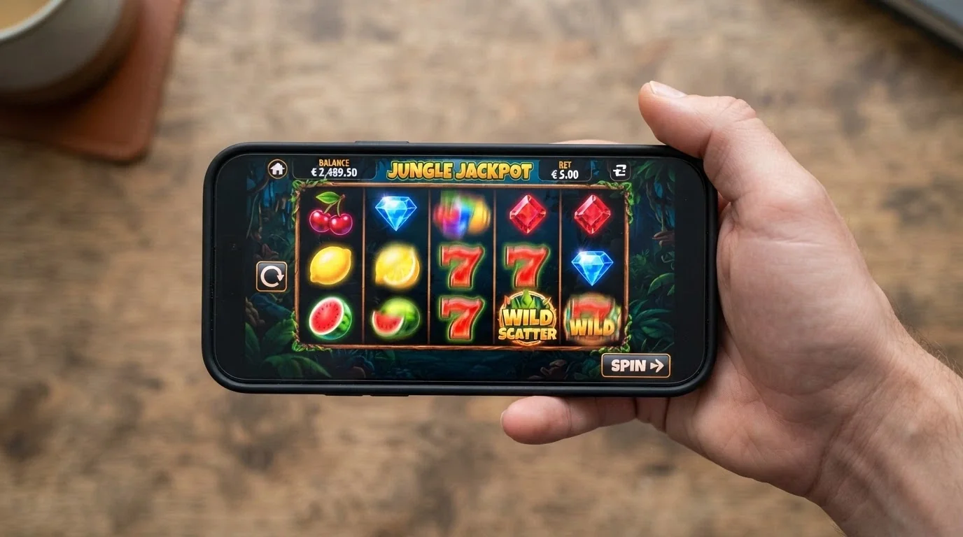 Una mano che tiene uno smartphone in orizzontale con una slot Big Time Gaming in esecuzione via browser mobile
