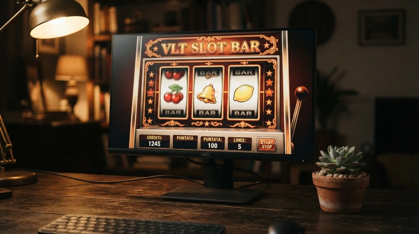 Slot machine da bar in versione digitale su schermo di computer, con simboli classici di frutta e campane