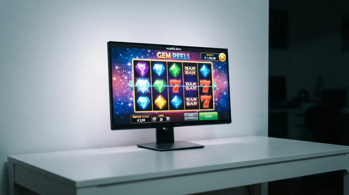 Una slot machine sullo schermo di un computer, con la dicitura «modalità demo» in alto e un saldo in crediti virtuali
