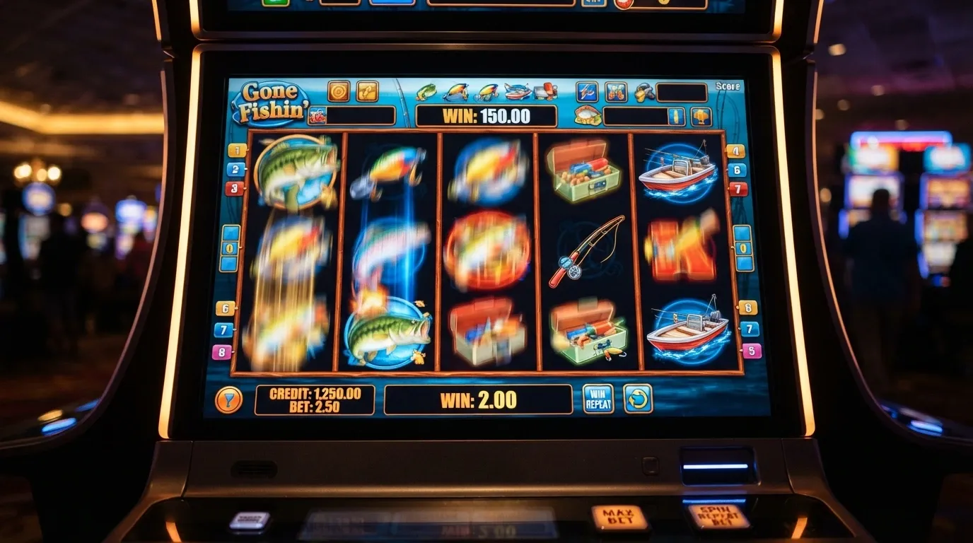 Il primo piano di una slot machine digitale con i rulli in movimento, i simboli di Big Bass Bonanza visibili e l'indicatore RTP in basso a sinistra