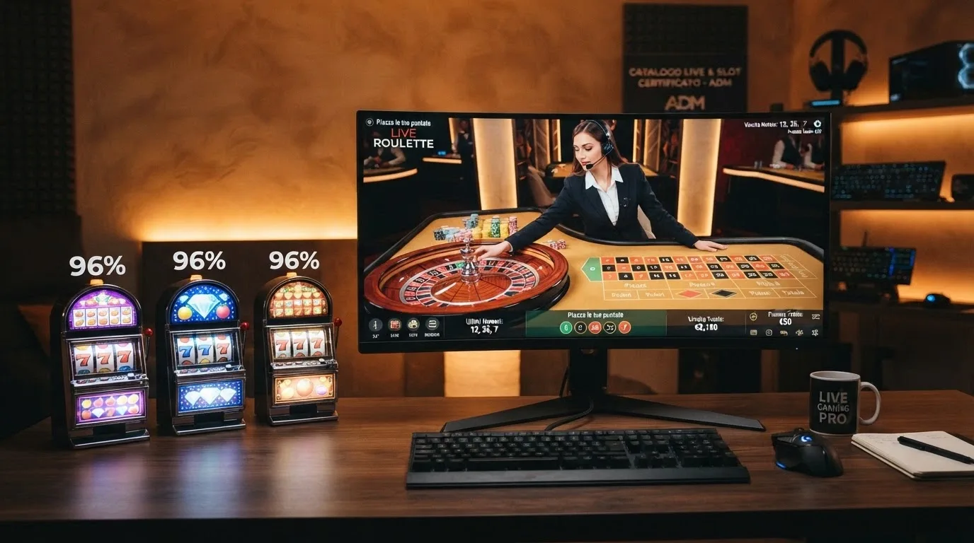 Una schermata di live roulette con croupier in smoking, affiancata da tre slot machine in miniatura con i valori RTP in sovrimpressione, su sfondo caldo da casinò