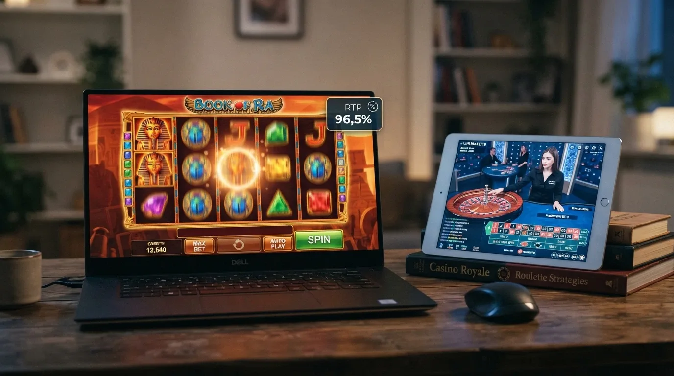 L'interfaccia di una slot machine online con rulli in movimento e la scritta RTP 96,5% in sovrimpressione, affiancata da una finestra di live casino con un croupier