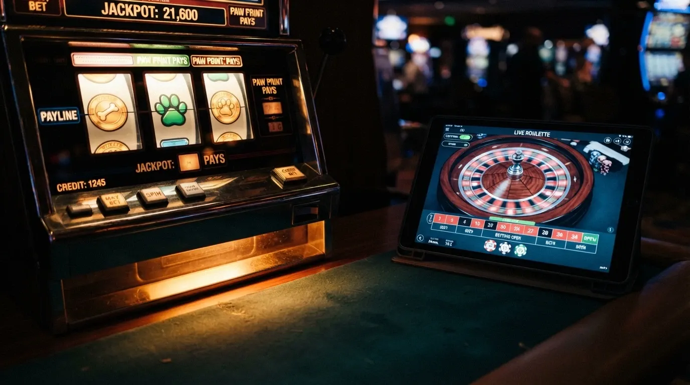 Un primo piano di una slot machine digitale con simboli DOGE sui rulli, affiancata da una roulette live trasmessa su tablet