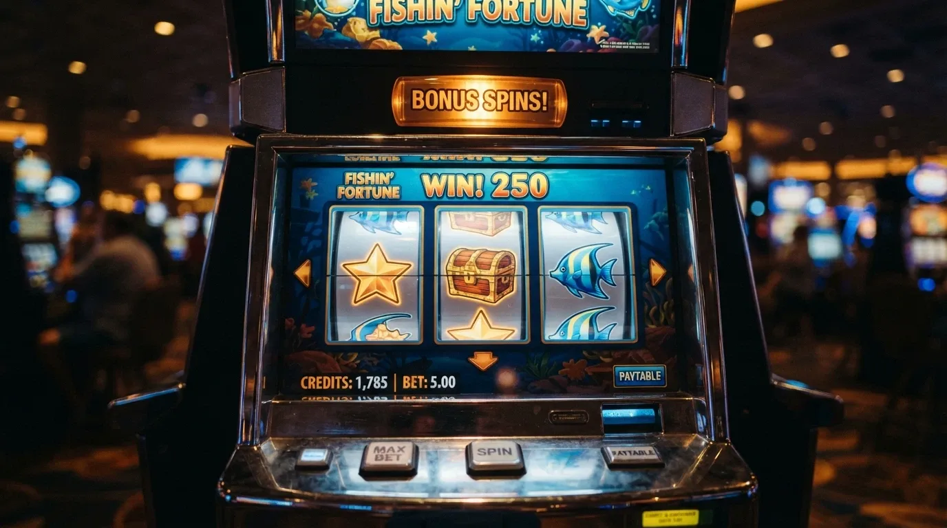 Rulli di una slot machine online con simboli allineati e l'indicatore del bonus in primo piano