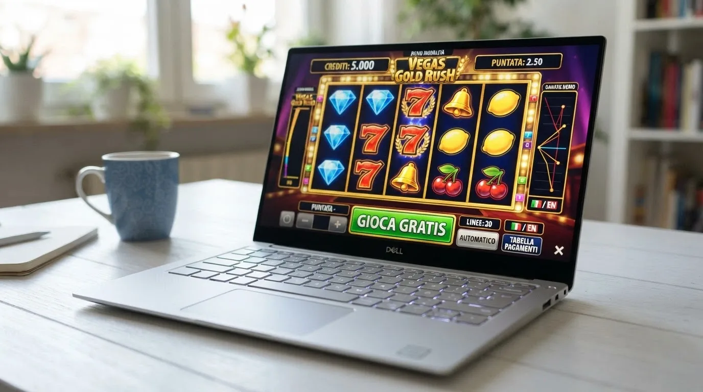 Una schermata di slot online in modalità demo con pulsante «Gioca Gratis» e saldo in crediti virtuali visibile in alto