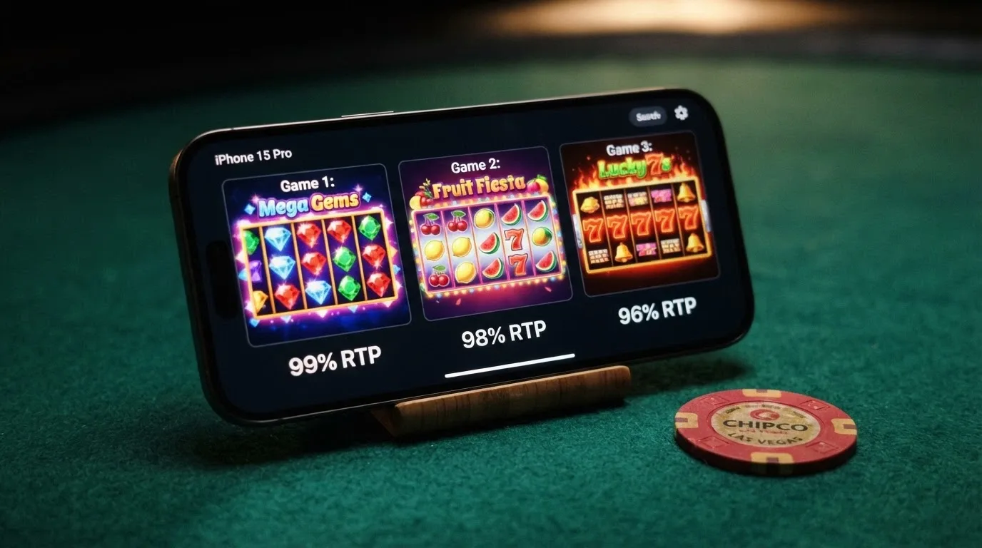 Tre slot machine famose (Mega Joker, Blood Suckers, Starburst) affiancate sullo schermo di un iPhone con i rispettivi RTP in evidenza