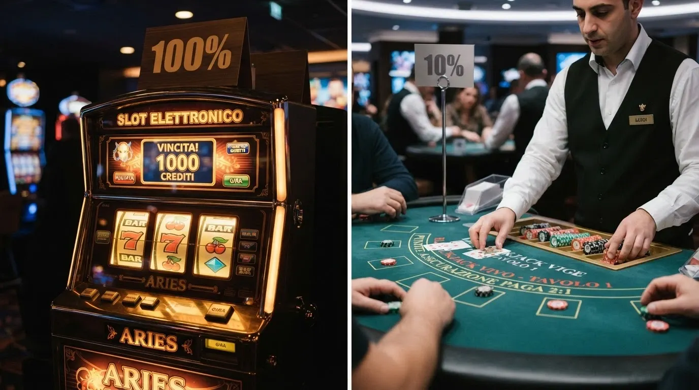 Una slot machine online affiancata a un tavolo da live casino con una percentuale «100%» sopra la slot e «10%» sopra il tavolo