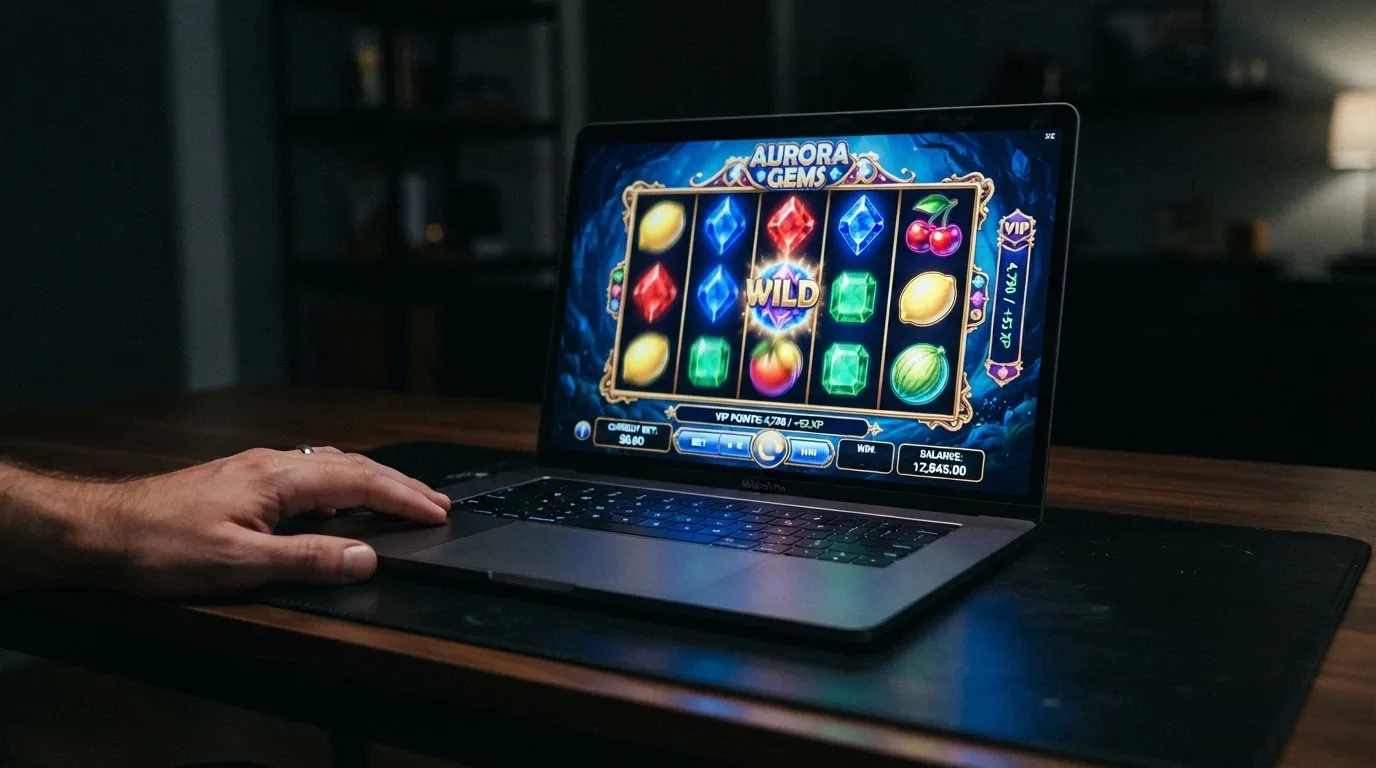 Una slot machine online con rulli colorati in movimento, il logo di un provider noto e l'interfaccia di gioco su schermo