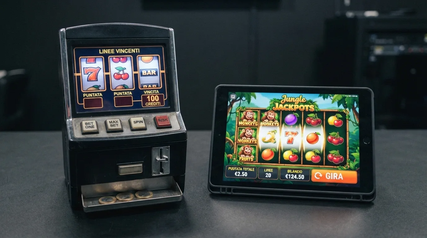 Due dispositivi affiancati: a sinistra una slot machine fisica da bar con schermo piccolo e pulsanti fisici, a destra un'interfaccia di video slot online con rulli animati e comandi touch