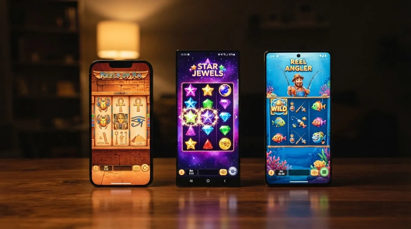 Tre schermate affiancate delle slot Book of Dead, Starburst e Big Bass Bonanza con i rispettivi simboli caratteristici in evidenza