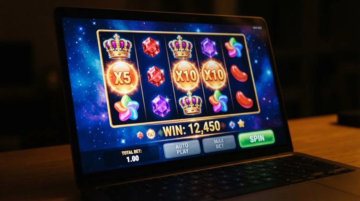 Griglia di gioco di una slot Pragmatic Play con simboli colorati, un contatore di vincita in primo piano e l'interfaccia con saldo in criptovaluta