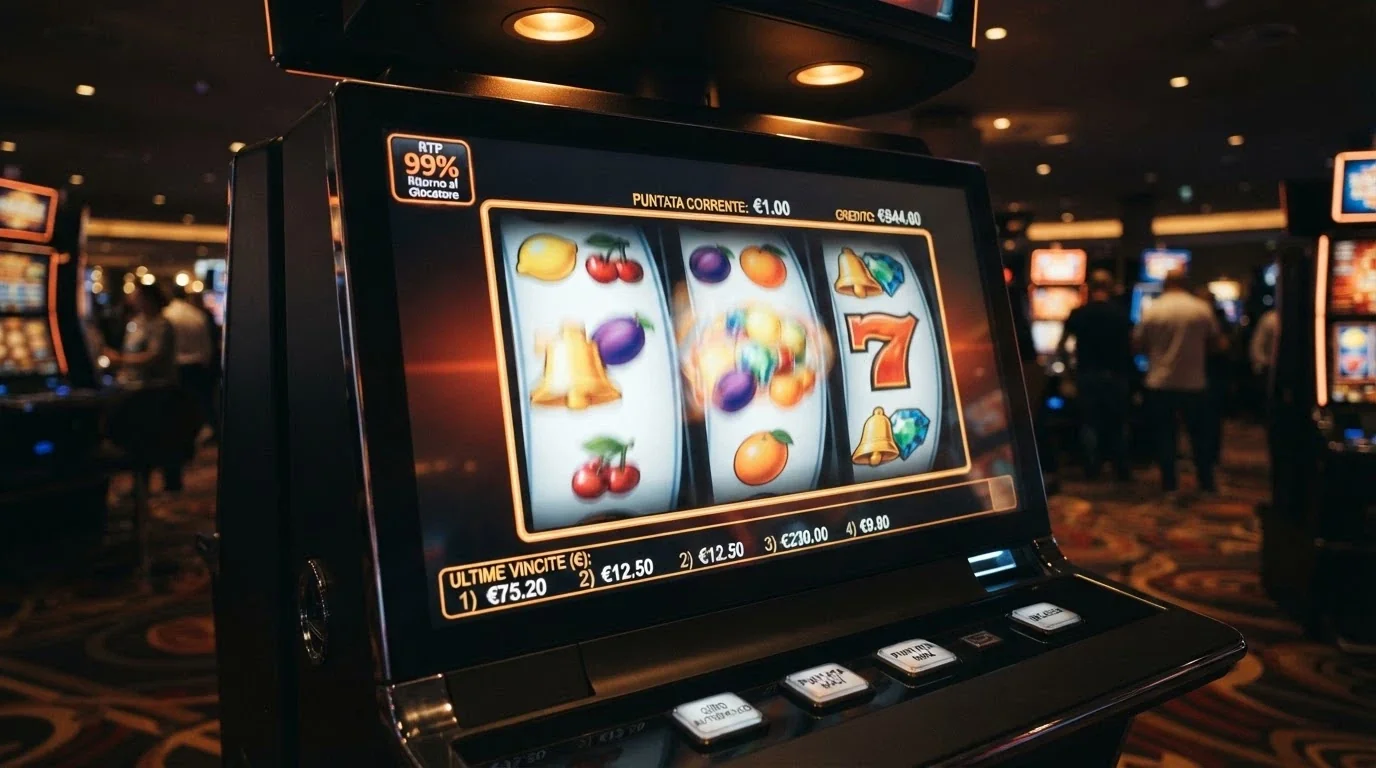 Schermata di una slot online con l'indicatore RTP visibile nell'interfaccia, i rulli in movimento e il pannello delle vincite recenti