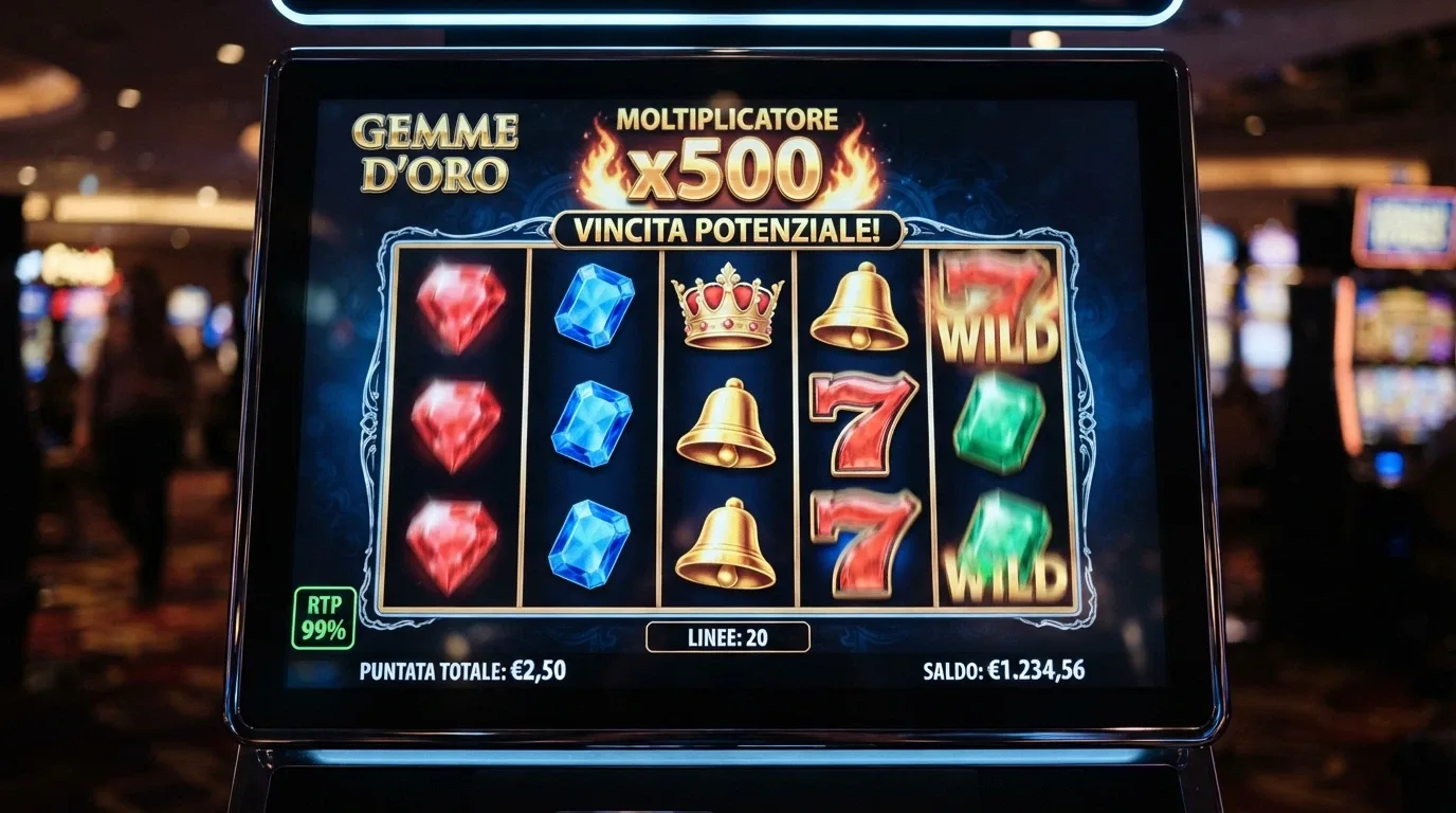 Schermata di una slot machine online con indicatore RTP e moltiplicatori di vincita in evidenza