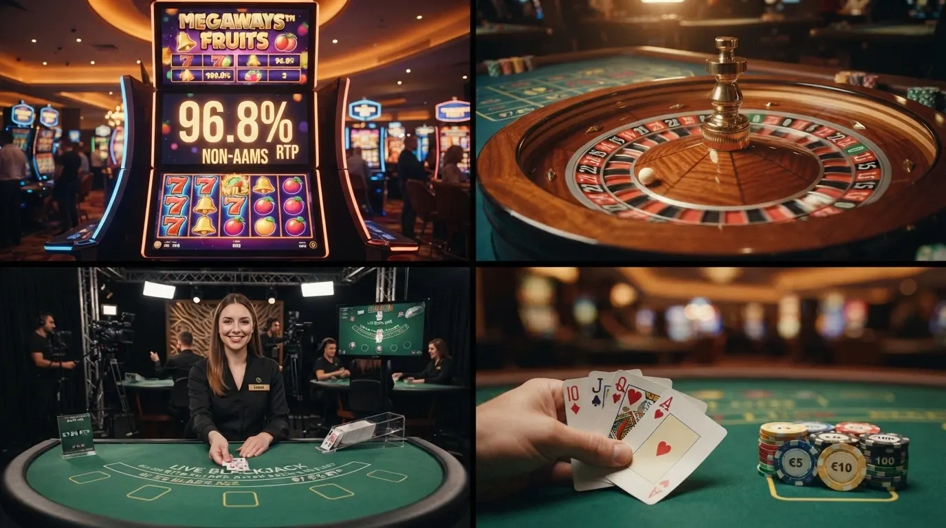 Una griglia 2×2 con quattro miniature: una slot machine con la percentuale RTP in evidenza, un tavolo da roulette, un croupier dal vivo e un mazzo di carte da blackjack