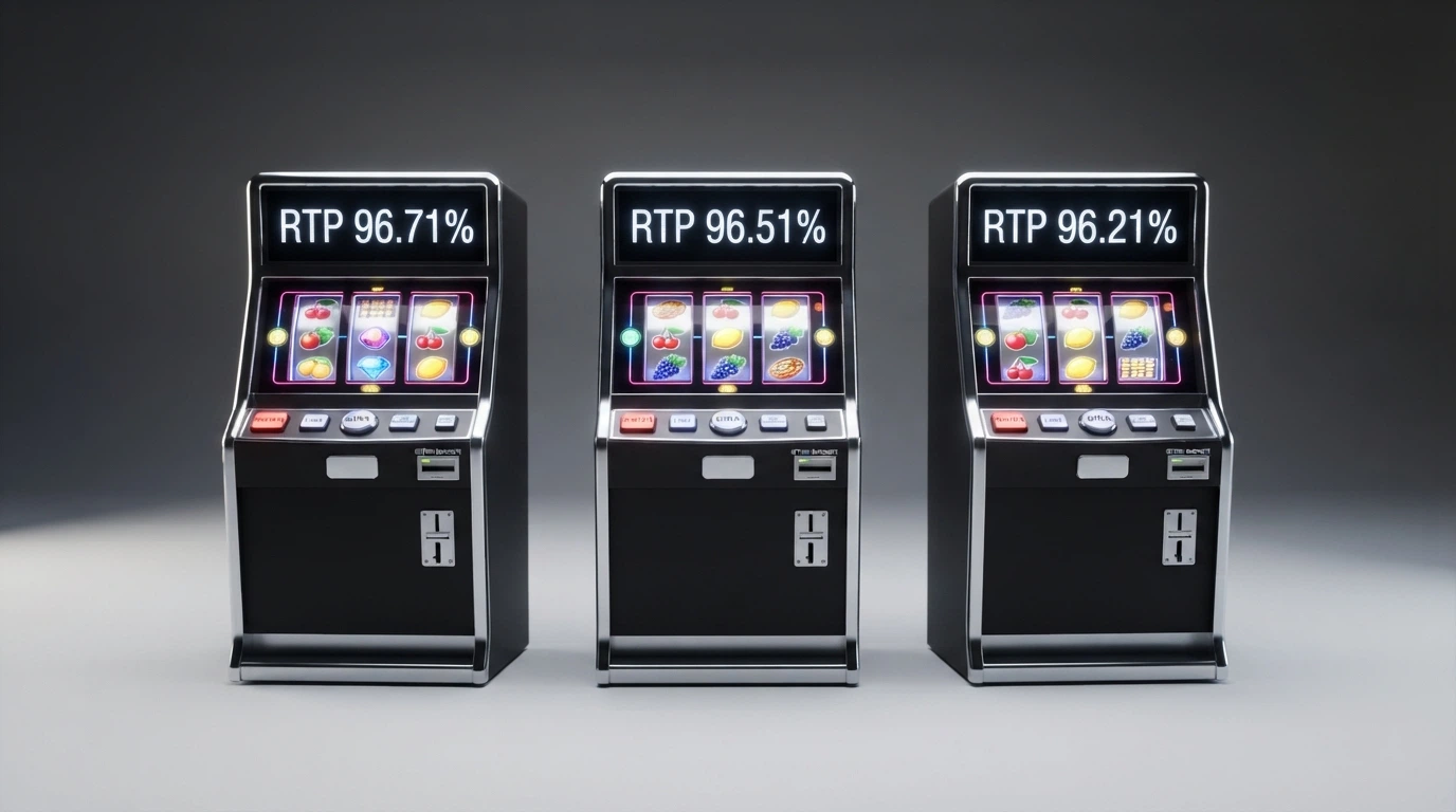 Tre slot machine affiancate con i rispettivi pannelli RTP illuminati in primo piano — 96,71%, 96,51%, 96,21%
