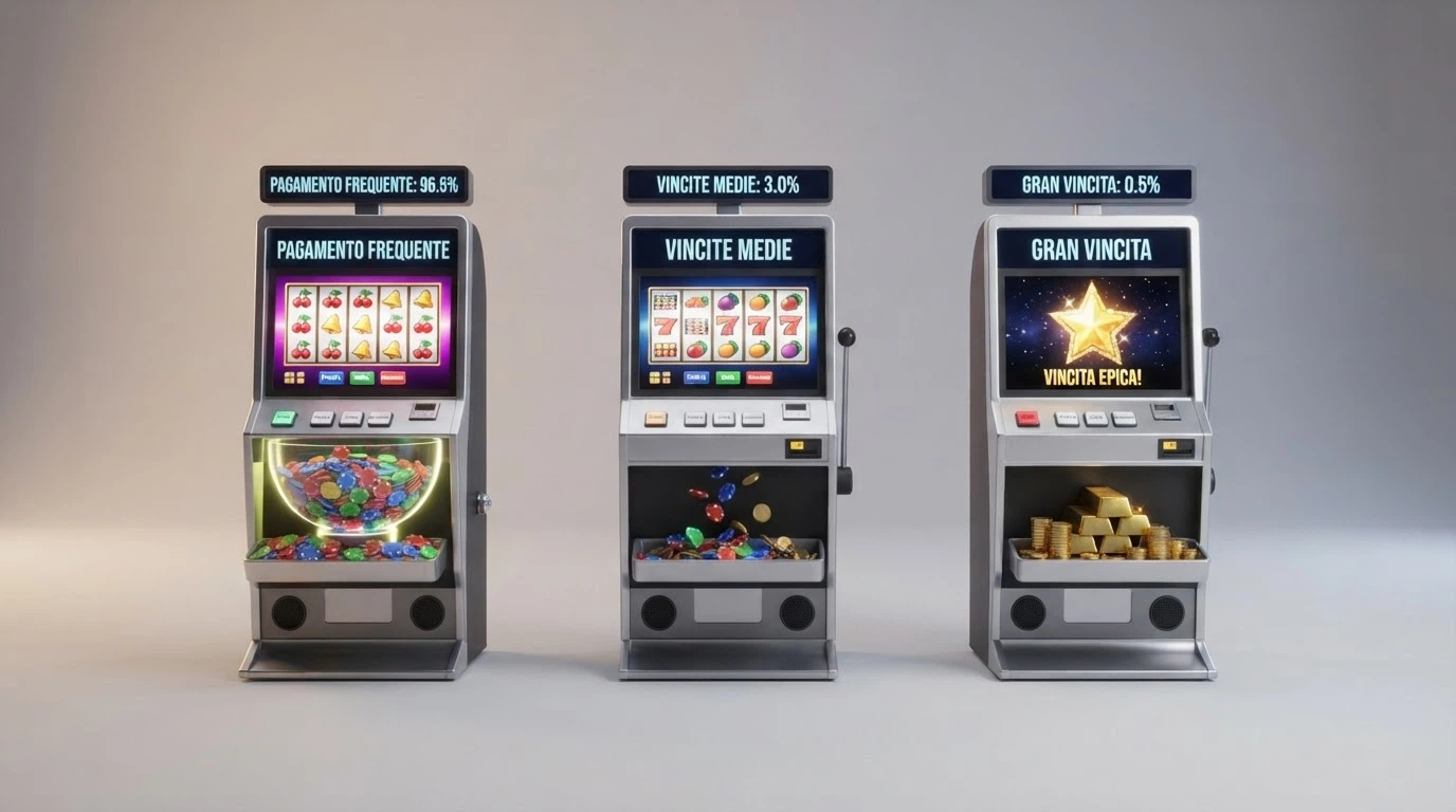 Tre slot machine affiancate — una con tante vincite piccole (bassa volatilità), una con poche vincite ma una grande (alta volatilità) e una in equilibrio — con le percentuali RTP in sovrimpressione