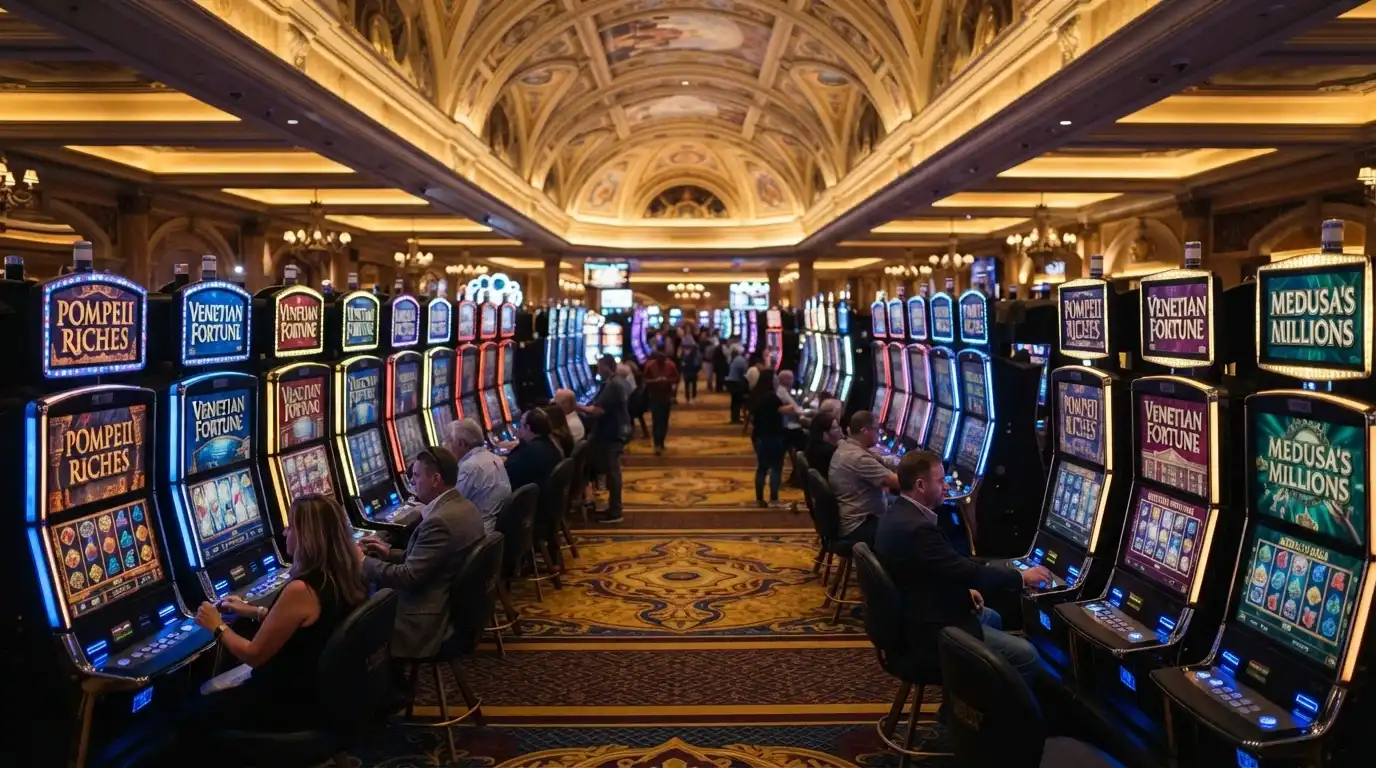 Sala slot del Casinò di Sanremo con file di macchine illuminate e schermi digitali