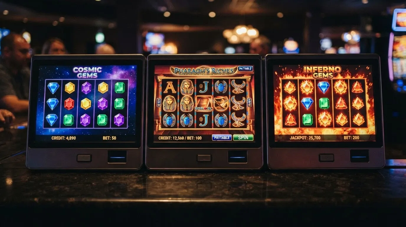 Tre slot machine affiancate con i loro simboli distintivi: i gioielli colorati di Starburst a sinistra, il libro egizio di Book of Dead al centro, la versione infuocata di Starburst XXXtreme a destra