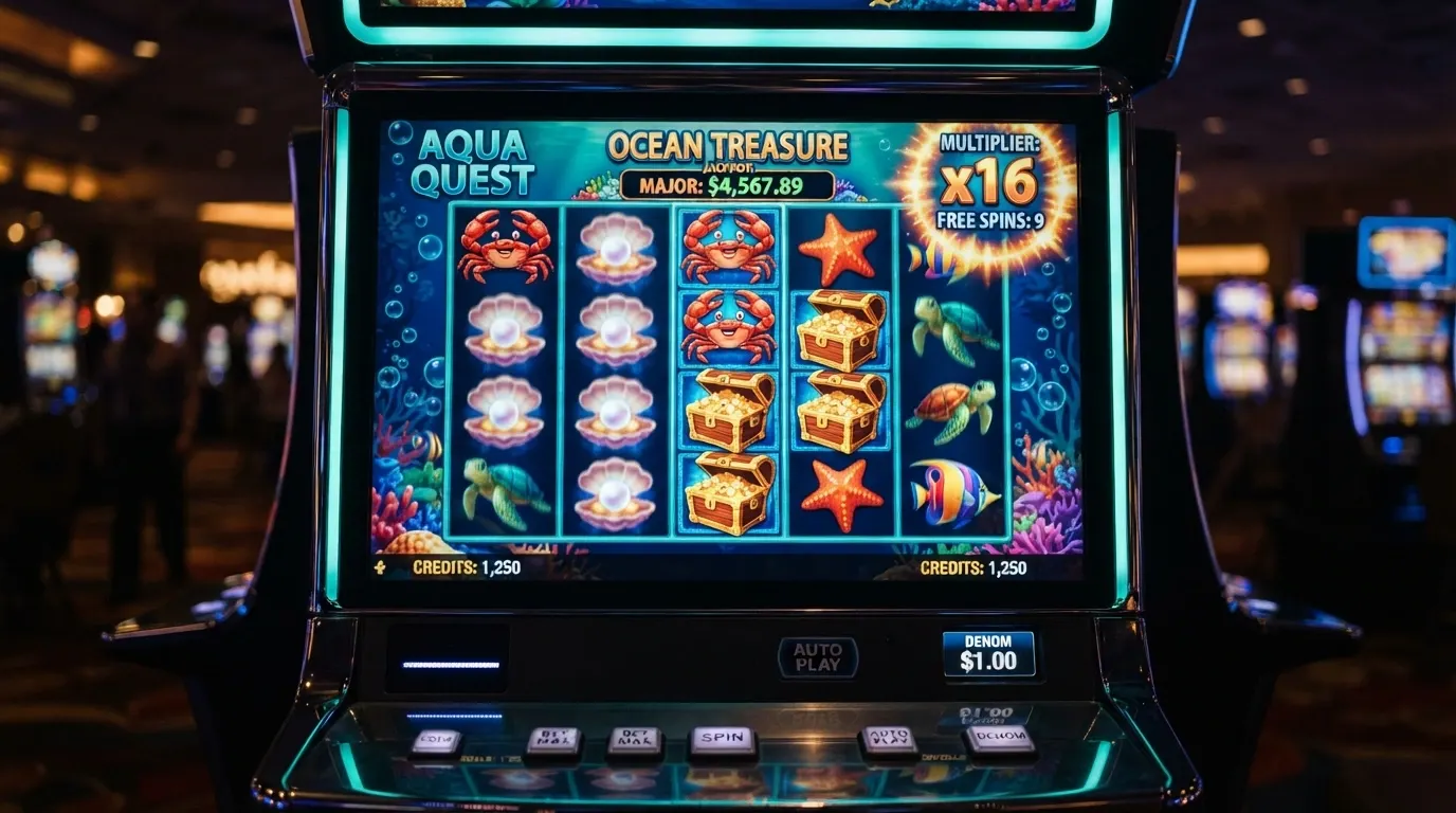 Una griglia di rulli di una slot a tema crostaceo con simboli marini, granchi e conchiglie illuminate da un moltiplicatore attivo