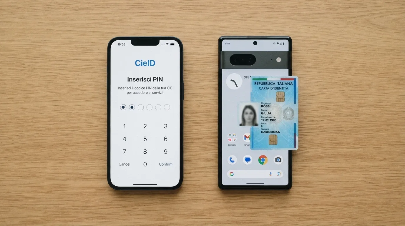 Una Carta d'Identità Elettronica appoggiata sul retro di uno smartphone, accanto a un secondo telefono con l'interfaccia dell'app CieID aperta