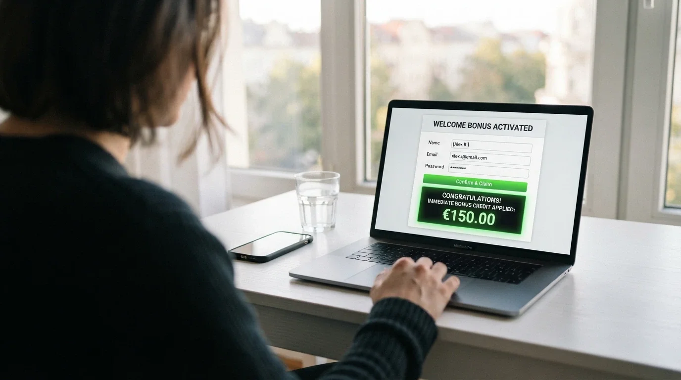 L'interfaccia di registrazione di un casinò online con un riquadro che evidenzia l'accredito immediato di un play bonus