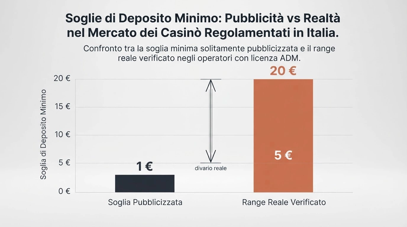Un confronto visivo tra le soglie di deposito pubblicizzate nei risultati di ricerca e quelle reali verificate sugli operatori ADM, con un divario evidenziato