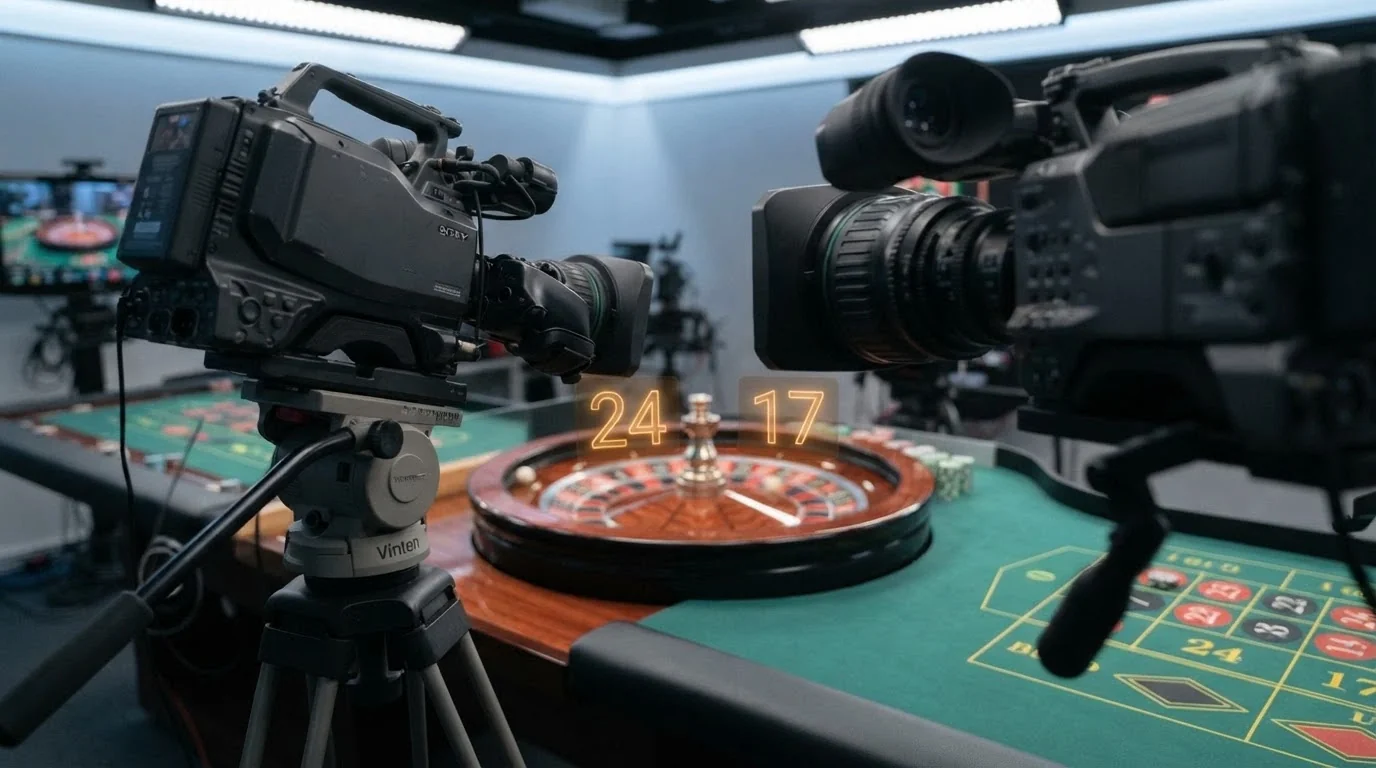 Primo piano di una telecamera professionale puntata su una ruota della roulette con sovrimpressione digitale dei numeri riconosciuti