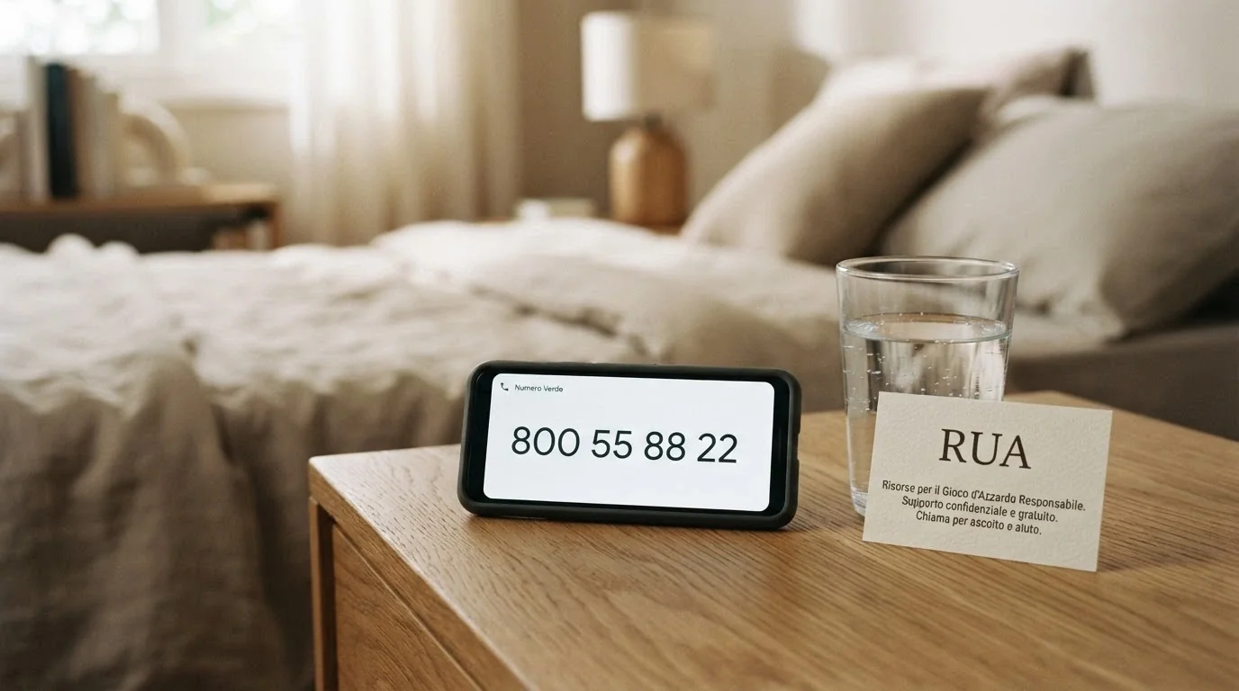 Un telefono con il numero verde 800 55 88 22 in evidenza sullo schermo, accanto a un calice d'acqua e una scheda con l'intestazione «RUA — Registro Unico Autoesclusi»