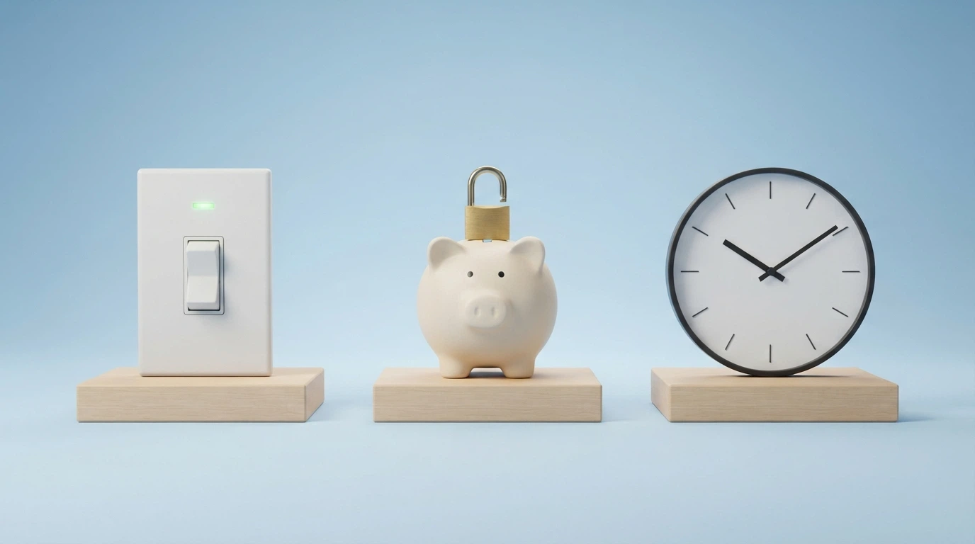 Tre icone affiancate: un interruttore (autoesclusione), un salvadanaio con lucchetto (limite di deposito) e un orologio (timer di sessione), in stile interfaccia utente