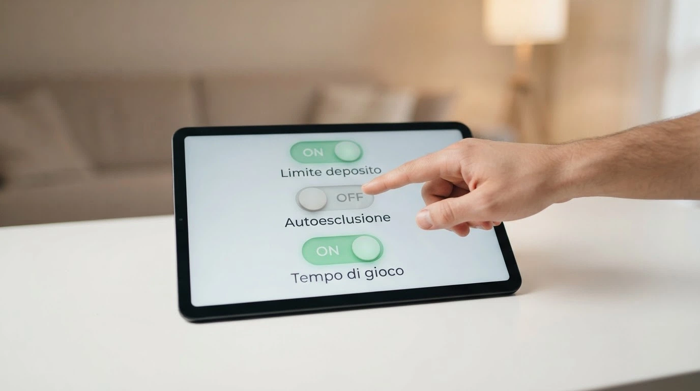 Un pannello di controllo con interruttori etichettati «Limite deposito», «Autoesclusione», «Tempo di gioco» — visivamente rassicurante, non allarmistico.