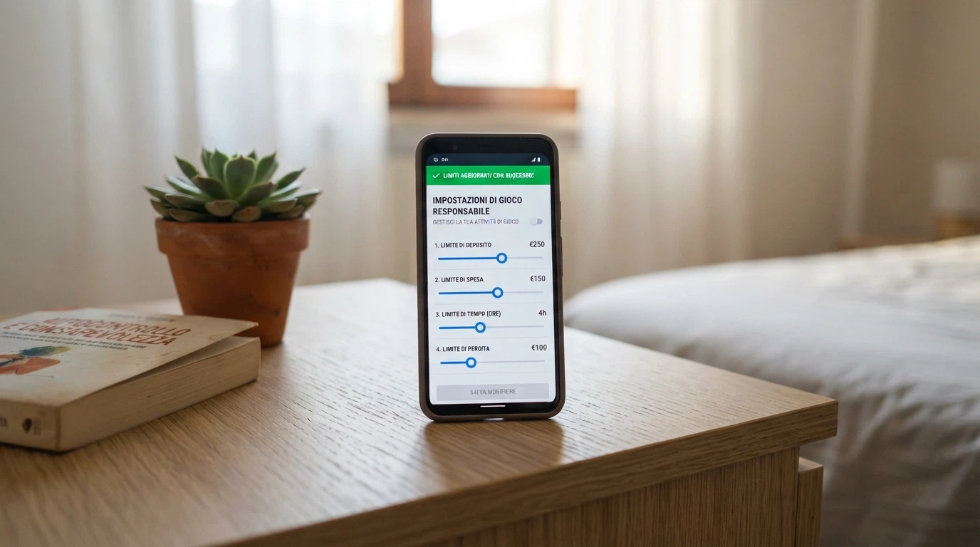 Un telefono con il numero verde 800 558822 sullo schermo, affiancato da un'interfaccia di impostazione limiti di gioco