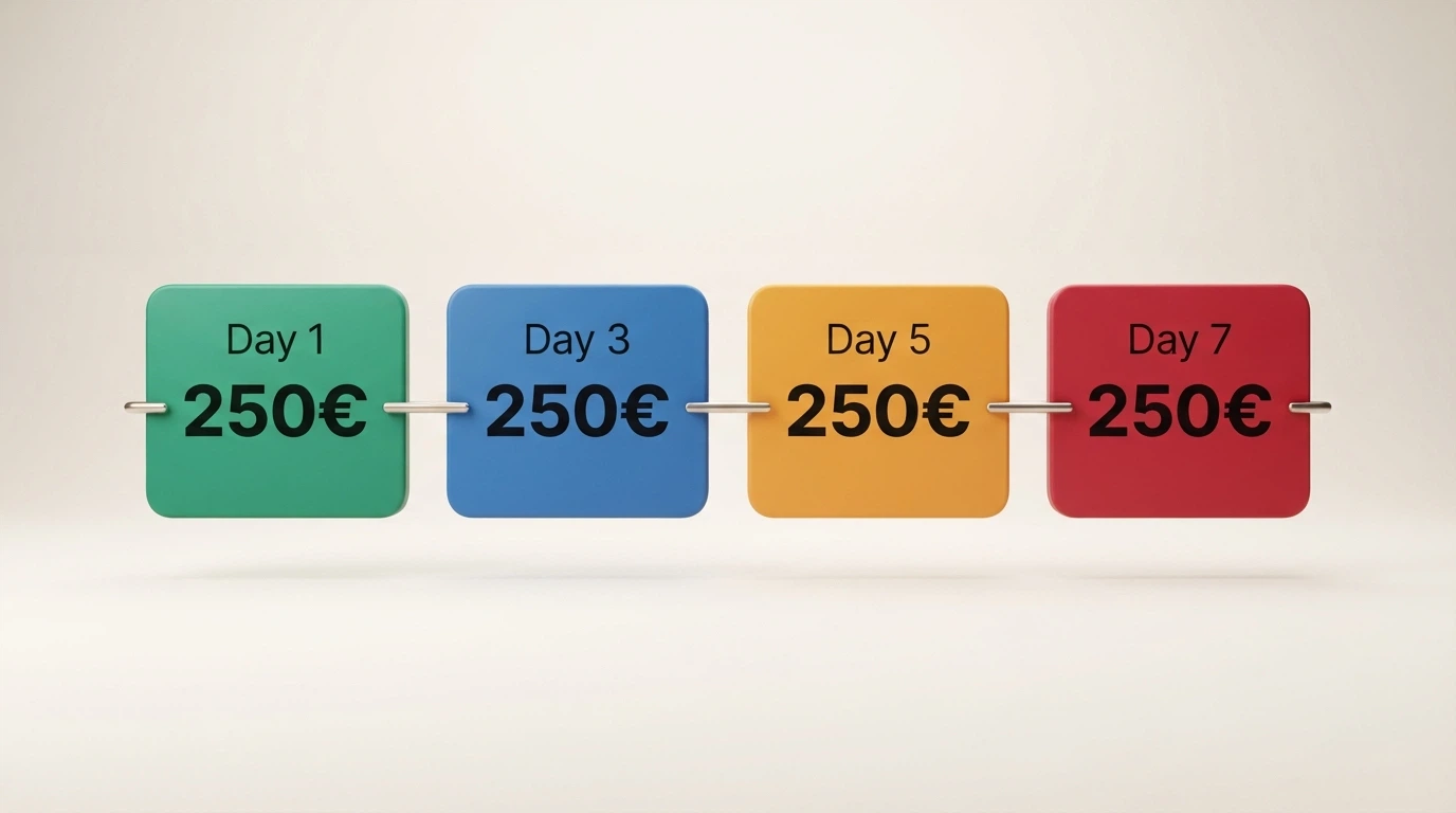 Schema visivo che mostra la suddivisione del bonus in quattro tranche da 250€ con le rispettive date di accredito e scadenze