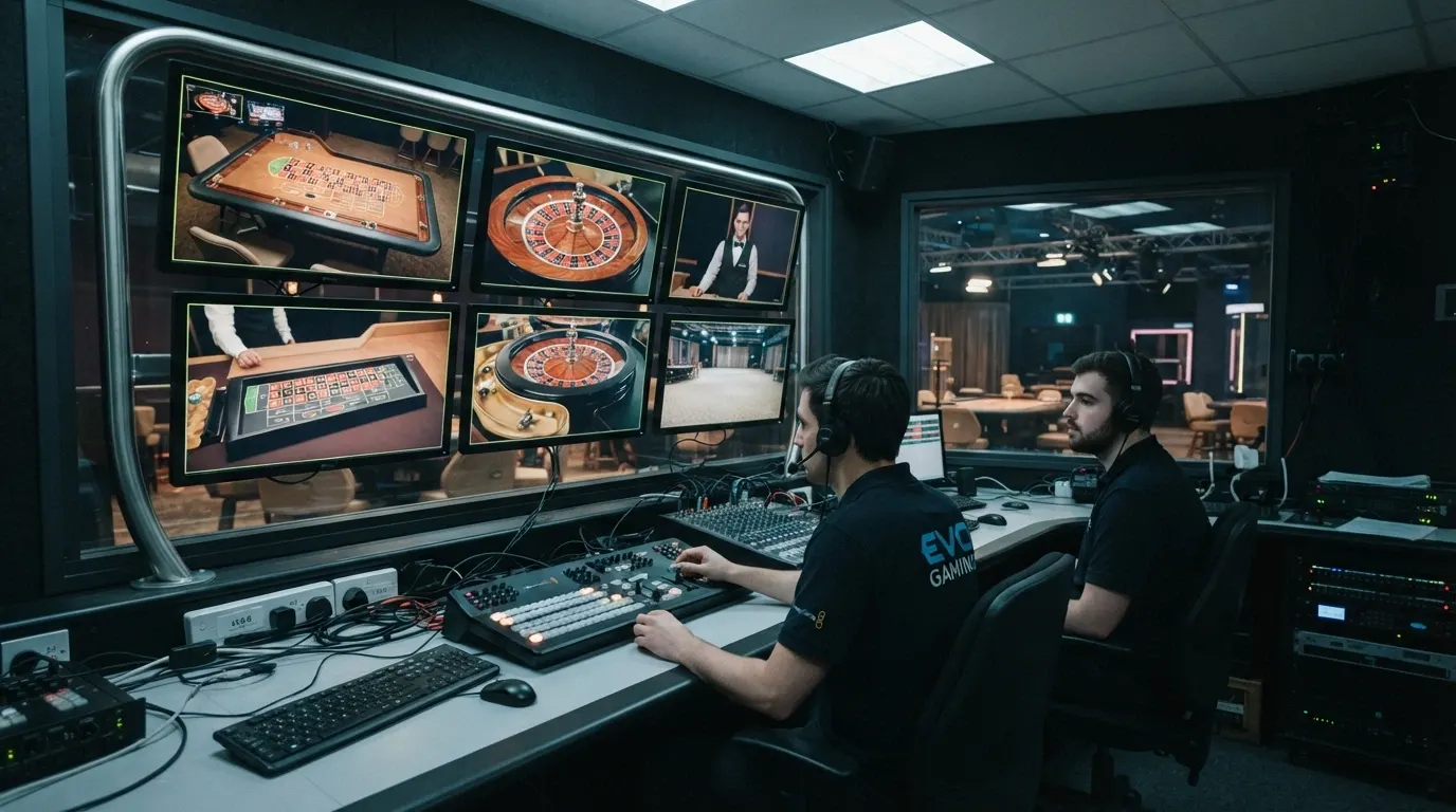 Una sala di controllo con monitor multipli che mostrano angolazioni diverse di un tavolo da roulette live, tecnici al lavoro