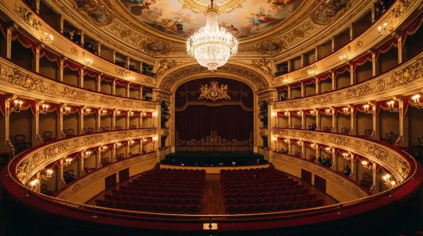 Interno del Teatro del Casinò di Sanremo con poltrone rosse, palchi dorati e lampadario centrale