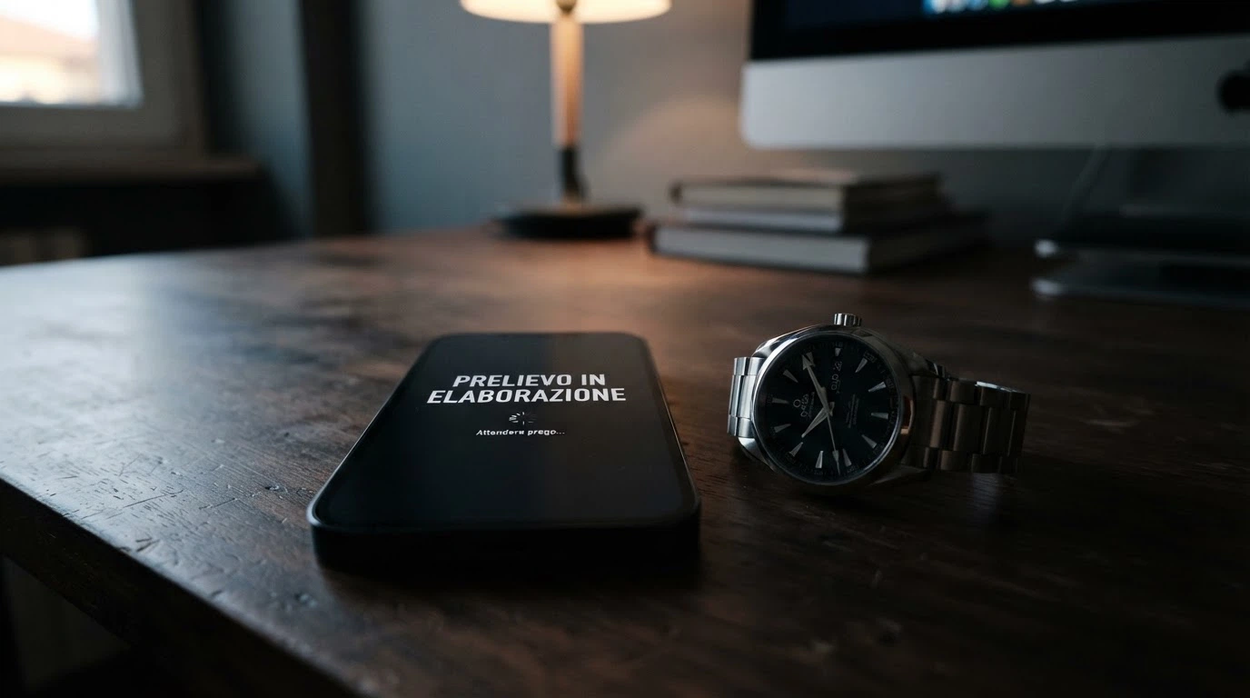Un orologio accanto allo schermo di un casinò online con la scritta «Prelievo in elaborazione»
