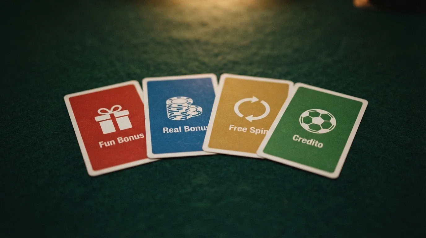 Quattro carte da gioco disposte a ventaglio, ciascuna con un'etichetta diversa: Fun Bonus, Real Bonus, Free Spin, Credito — colori e semi differenti per ogni tipo