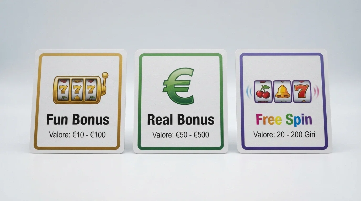 Tre riquadri affiancati che illustrano Fun Bonus, Real Bonus e Free Spin con icone distinte e i valori di mercato accanto