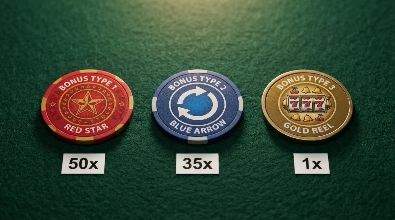Tre icone affiancate che rappresentano Fun Bonus, Play Bonus e Free Spin, ciascuna con il proprio moltiplicatore di wagering in evidenza