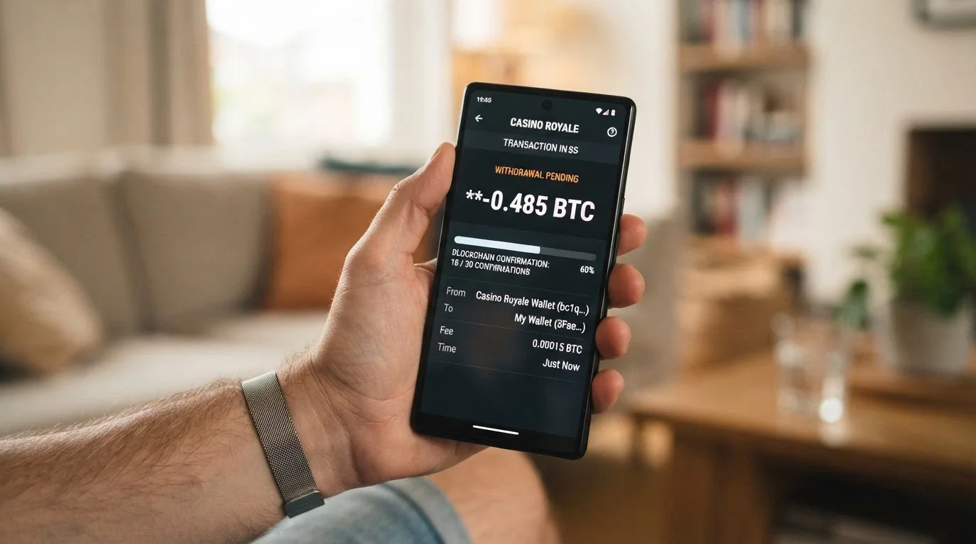 Un'interfaccia di wallet crypto con una transazione in corso, la barra di avanzamento delle conferme e l'importo in BTC in evidenza