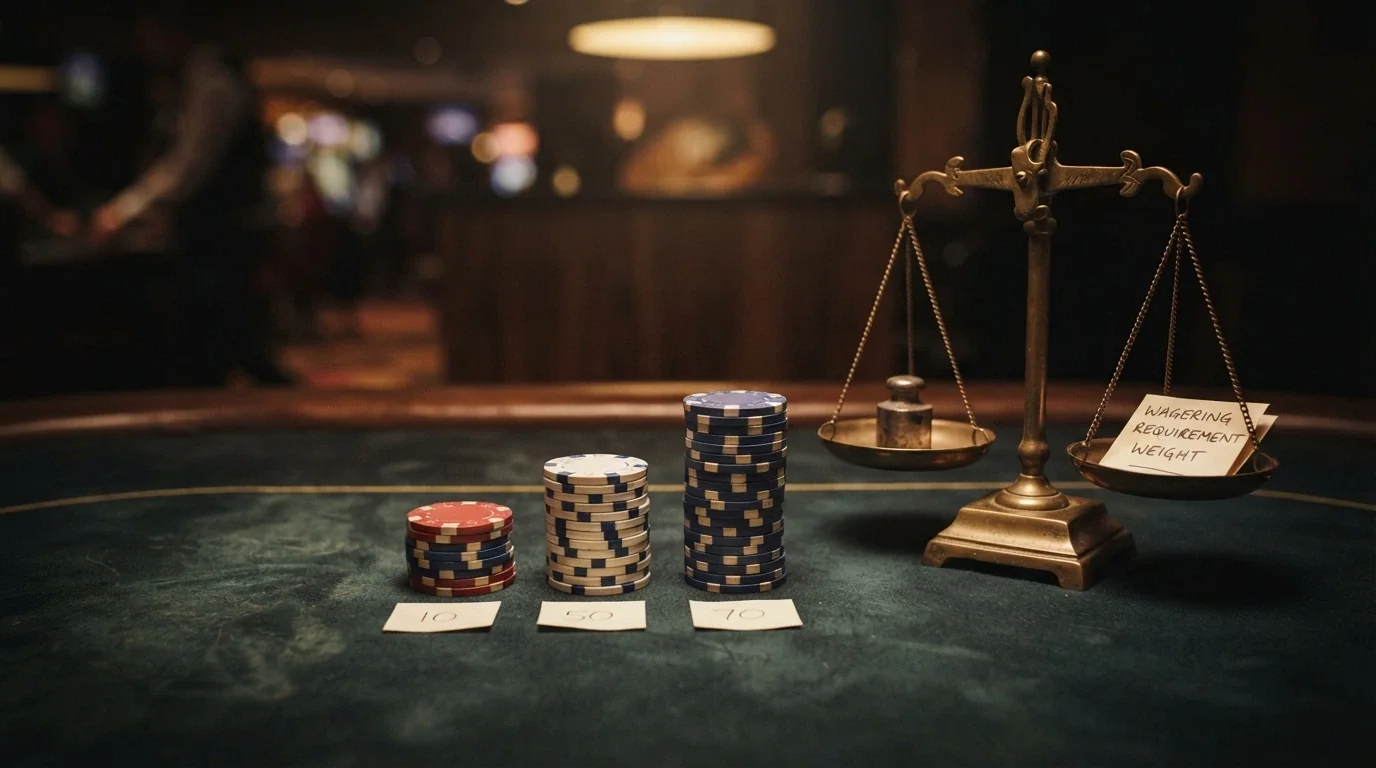 Tre pile di fiches di altezza diversa etichettate 10, 50 e 70 giri gratis, con una bilancia che pesa il wagering accanto a ciascuna