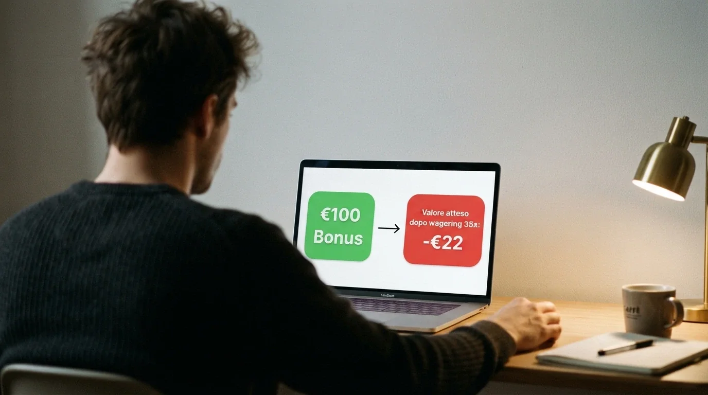 Un giocatore davanti allo schermo che confronta due riquadri: uno con la cifra nominale «100€ bonus» e uno con la scritta «valore atteso dopo wagering 35x: ~ −22€» in rosso