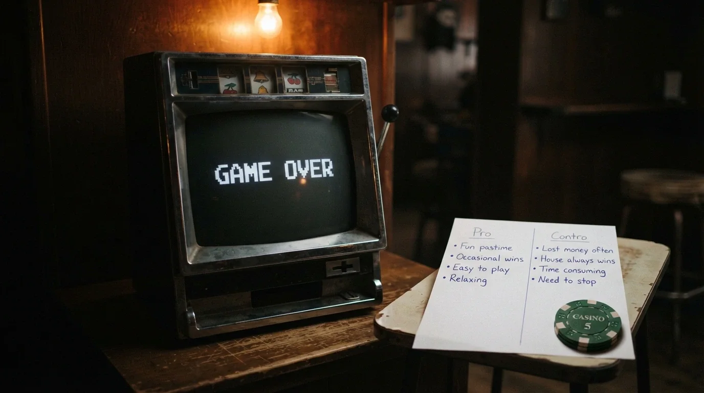 Una slot machine spenta con la scritta «Game Over» sul display, accanto a un foglio con pro e contro scritti a mano