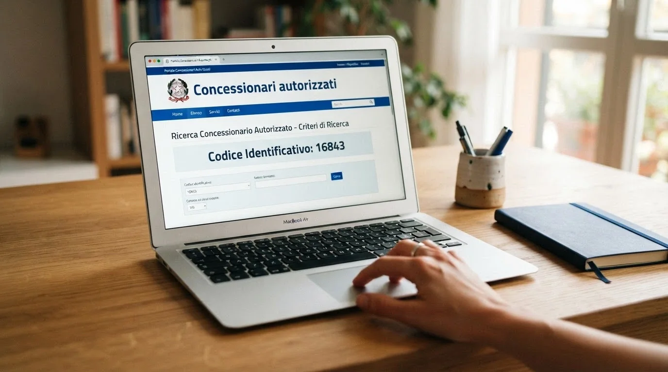 Il sito adm.gov.it aperto sulla pagina dell'elenco concessionari, con il cursore che evidenzia un numero di concessione nel formato 16XXX