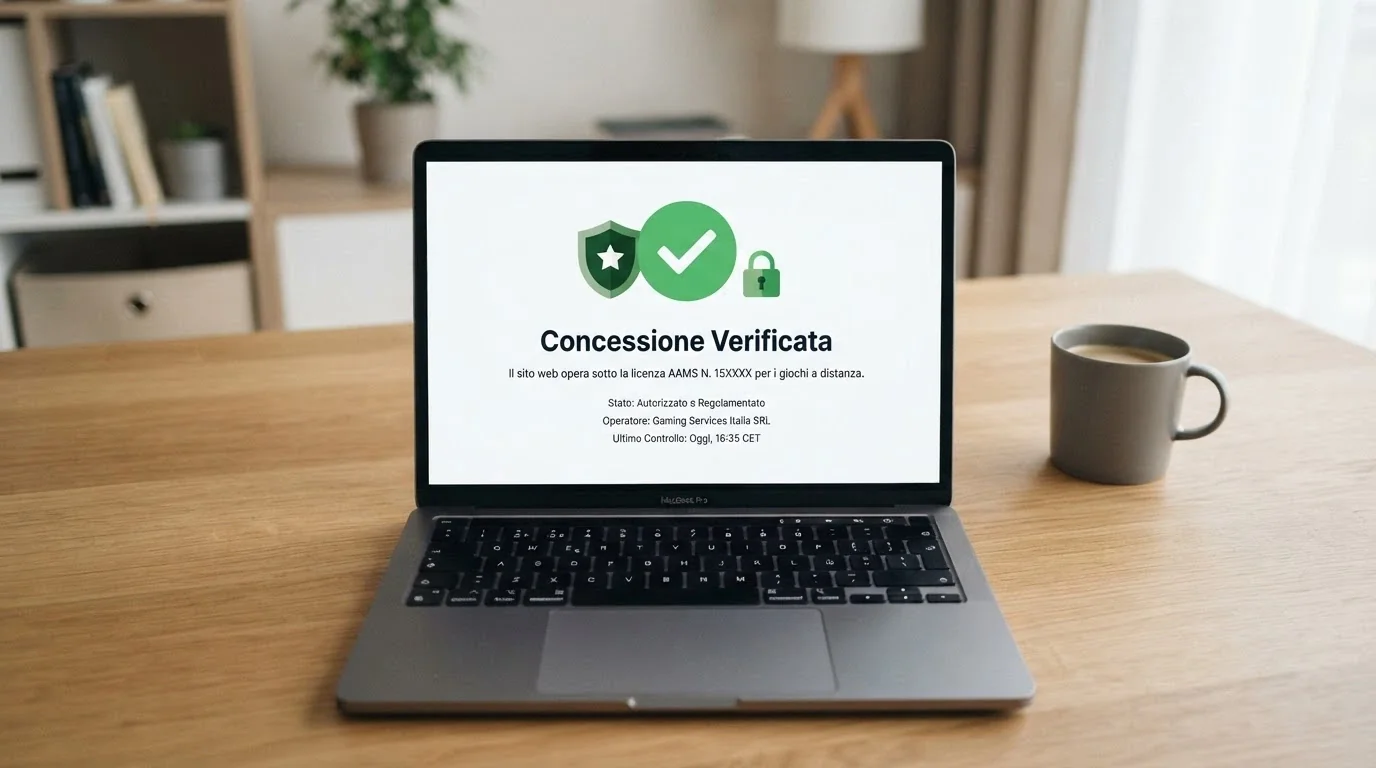 Il logo ADM su uno schermo con un lucchetto di sicurezza e la spunta di verifica accanto al nome del casinò