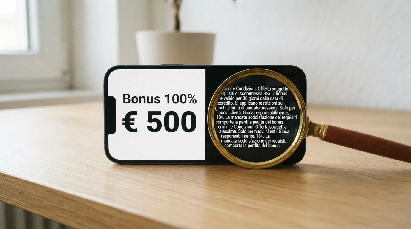 Un iPhone con lo schermo diviso: a sinistra l'offerta «Bonus 100% fino a 1.000€», a destra una lente di ingrandimento sulle condizioni in piccolo (wagering, scadenza, limite prelievo)