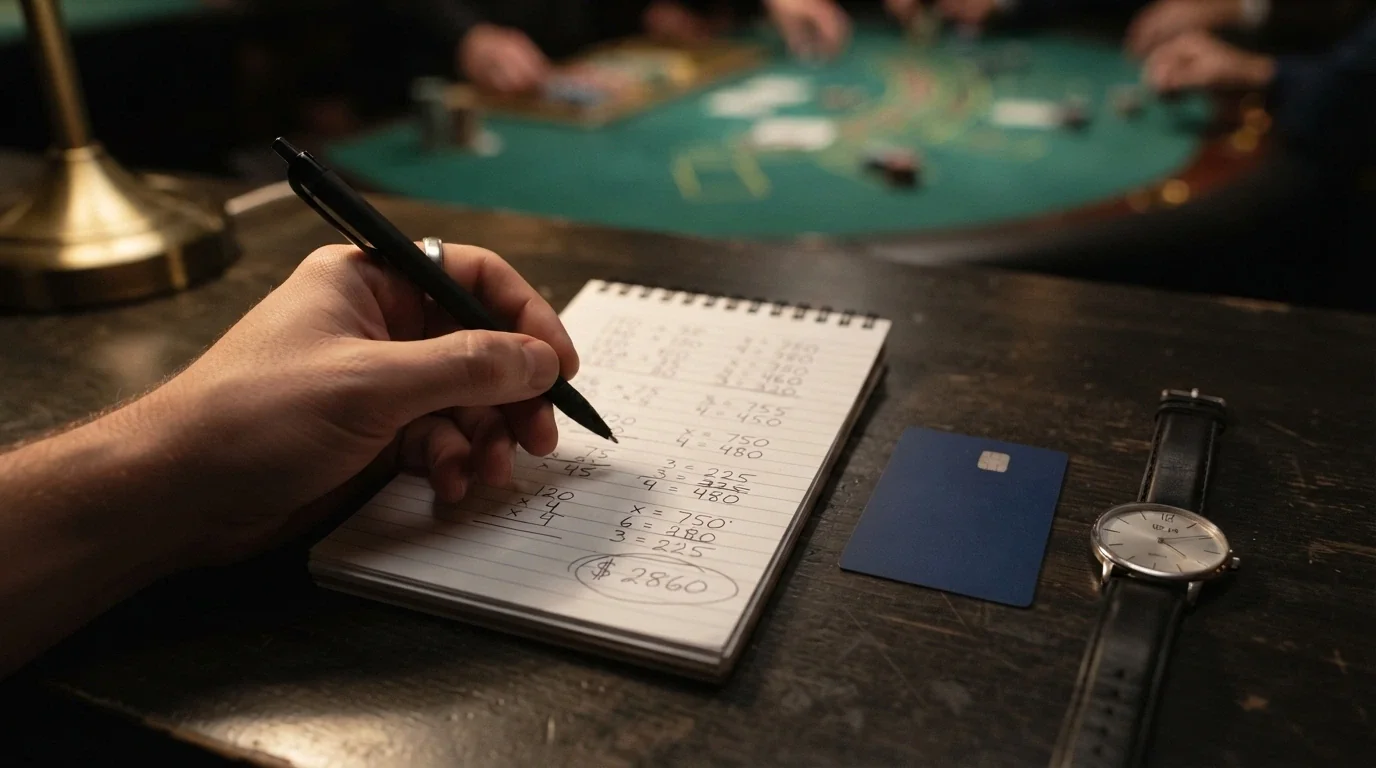 Calcolatrice accanto a una carta di credito e un orologio, su sfondo sfocato di un tavolo da gioco